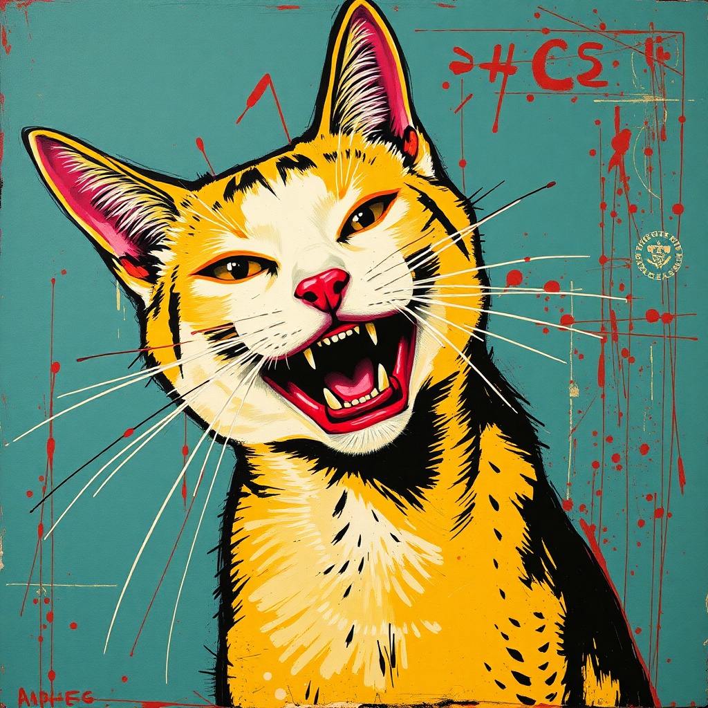 AI generated image by FLUX.1-schnell: Cat Biting Dog in the style of Basquiat