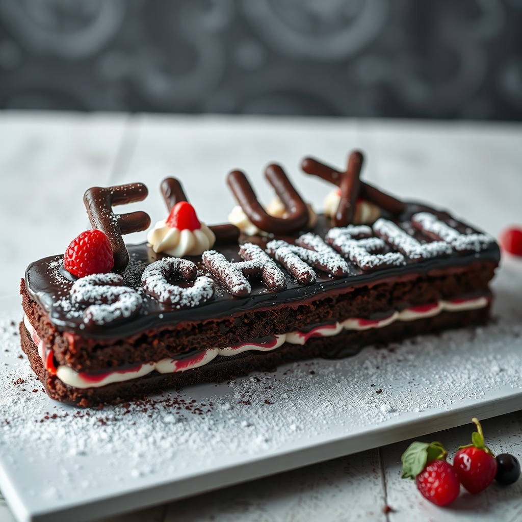 AI generated image by FLUX.1-schnell: black forest gateau cake spelling out the words "FLUX SCHNELL", tasty, food photography, dynamic shot