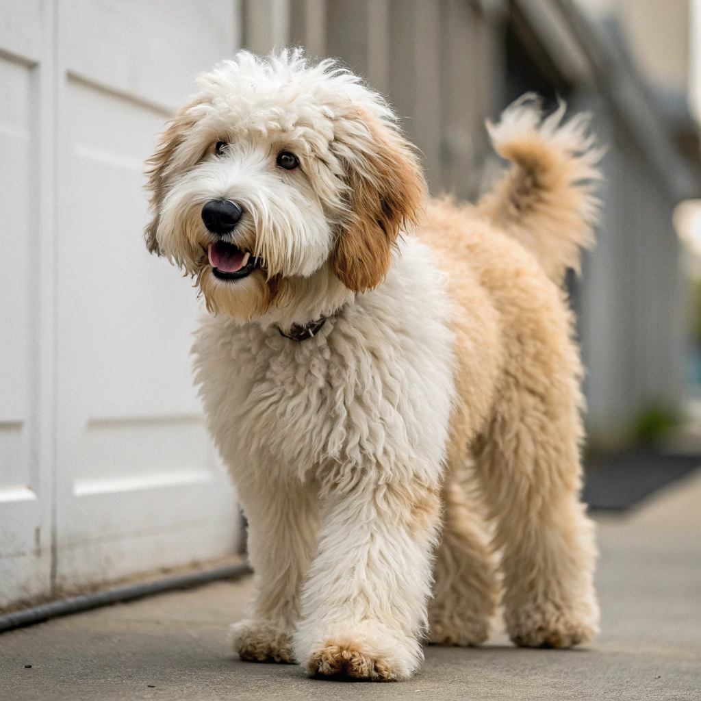 AI generated image by Red Panda AI: quiero un perro mini sheepadoodle blando este parado de frente como su estubiera caminando