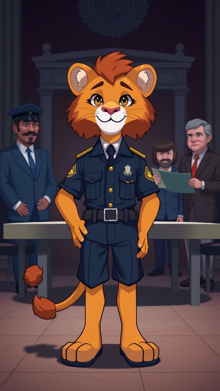 AI generated image by FLUX.1-schnell: "A young, confident anthropomorphic lion boy with human-like hands and feet, dressed in a sharp police uniform, stands in front of a government building. He looks proud and accomplished as government officials, gathered around a table, look on with approval. One official holds a certificate or award, preparing to present it to Lillu. The setting is a formal yet modest room, with a dark theme background and soft lighting that highlights the honor and recognition Lillu receives for his hard work and dedication."
