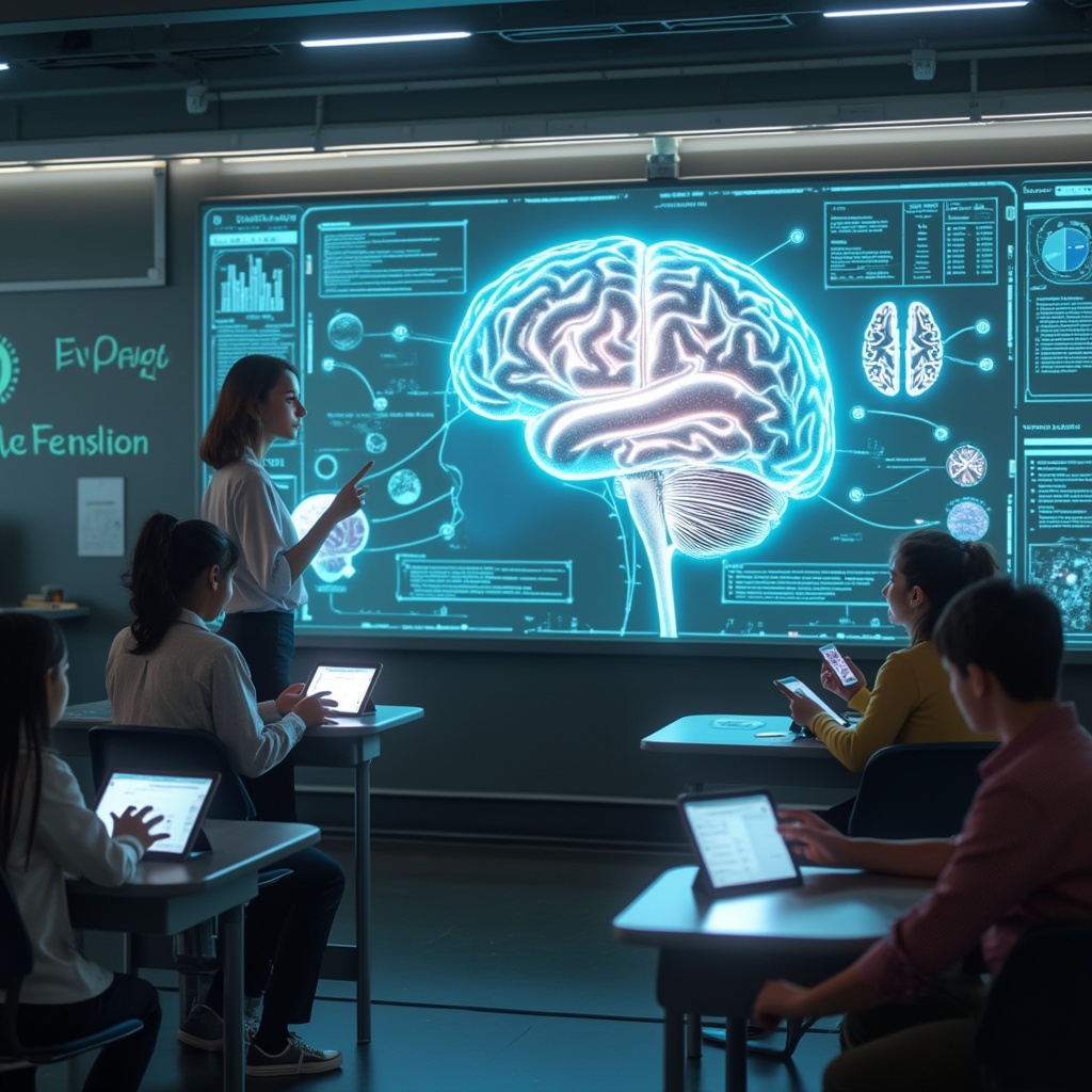AI generated image by FLUX.1-pro: "A futuristic classroom with holographic blackboards, diverse students using tablets, and a teacher interacting with a 3D model of the human brain, soft lighting, high detail, science fiction style."