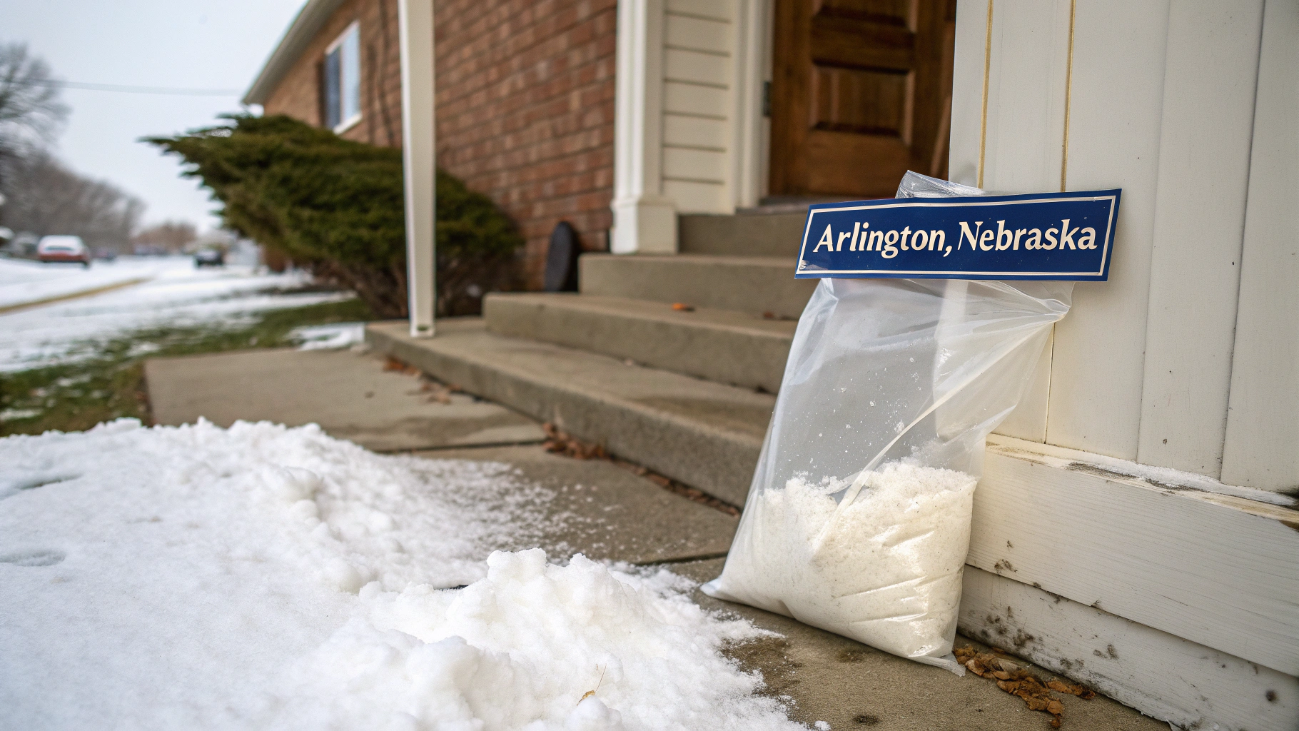 AI generated image by Red Panda AI: clear bag of white powder, the bag is on a doorstep, there is snow on the ground, there is a sign that says "Arlington, Nebraska"