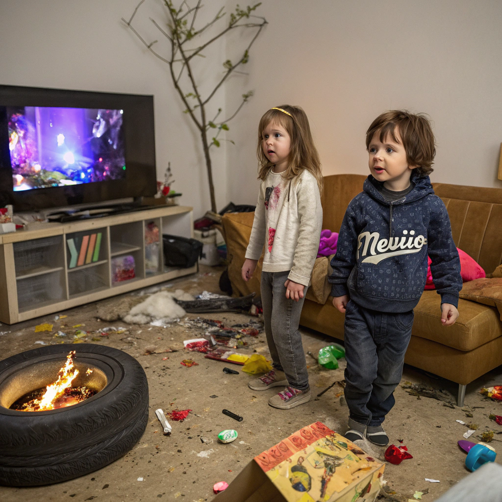 AI generated image by Red Panda AI: Create a funny picture of two small children having a wild party in the apartment. The apartment should be extremely untidy with lots of objects lying around everywhere. There should also be dangerous objects and a small fire. There should also be things from outside lying around in the apartment, like a car tire, trash can, branch, leftover food, smeared cake on a brown leather L-shaped couch next to the window, scribbled names of the children (Yvi and Nevio).
The large black flat screen TV should be broken, with a toy car stuck in the TV. A purple children's piano hangs on the ceiling lamp.
The girl is about 7 years old and has light brown medium-length hair, the boy is about 4 years old and has short brown hair. In the picture, father (dark brown short hair) and mother (dark brown long hair and glasses) should be at the front door and are totally surprised at the mess the children have made. The picture should look realistic and funny.