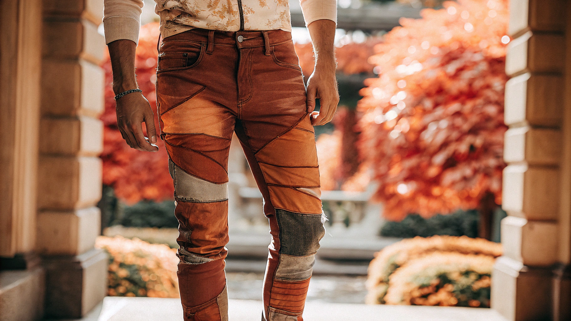 AI generated image by FLUX.1-schnell: Men's biker jeans featuring dynamic patchwork, stonewashed finishes, and bold contrast stitching with contemporary art designs. Autumn season. White male. The Butchart Gardens, Victoria, British Columbia background.