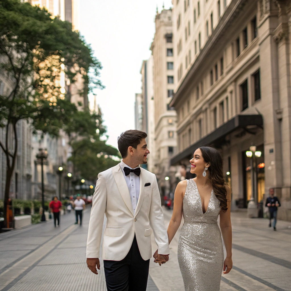 AI generated image by FLUX.1-schnell: A photorealistic depiction of a young couple, a man and a woman, strolling down a bustling street in Sao Paulo. The man is dressed in a white tuxedo with a bow tie, while the woman wears a shimmering silver dress with a deep neckline. They are walking side by side, engaged in a conversation, with the man slightly turned towards the woman, indicating an interaction. The background features towering buildings with classic architectural details, and the street is lined with trees and pedestrians in various attire, suggesting a lively urban atmosphere. The lighting is natural, with sunlight filtering through the leaves, casting soft shadows on the couple and the street. The viewpoint is from street level, capturing the couple in the foreground with a shallow depth of field that blurs the background, emphasizing their presence.
