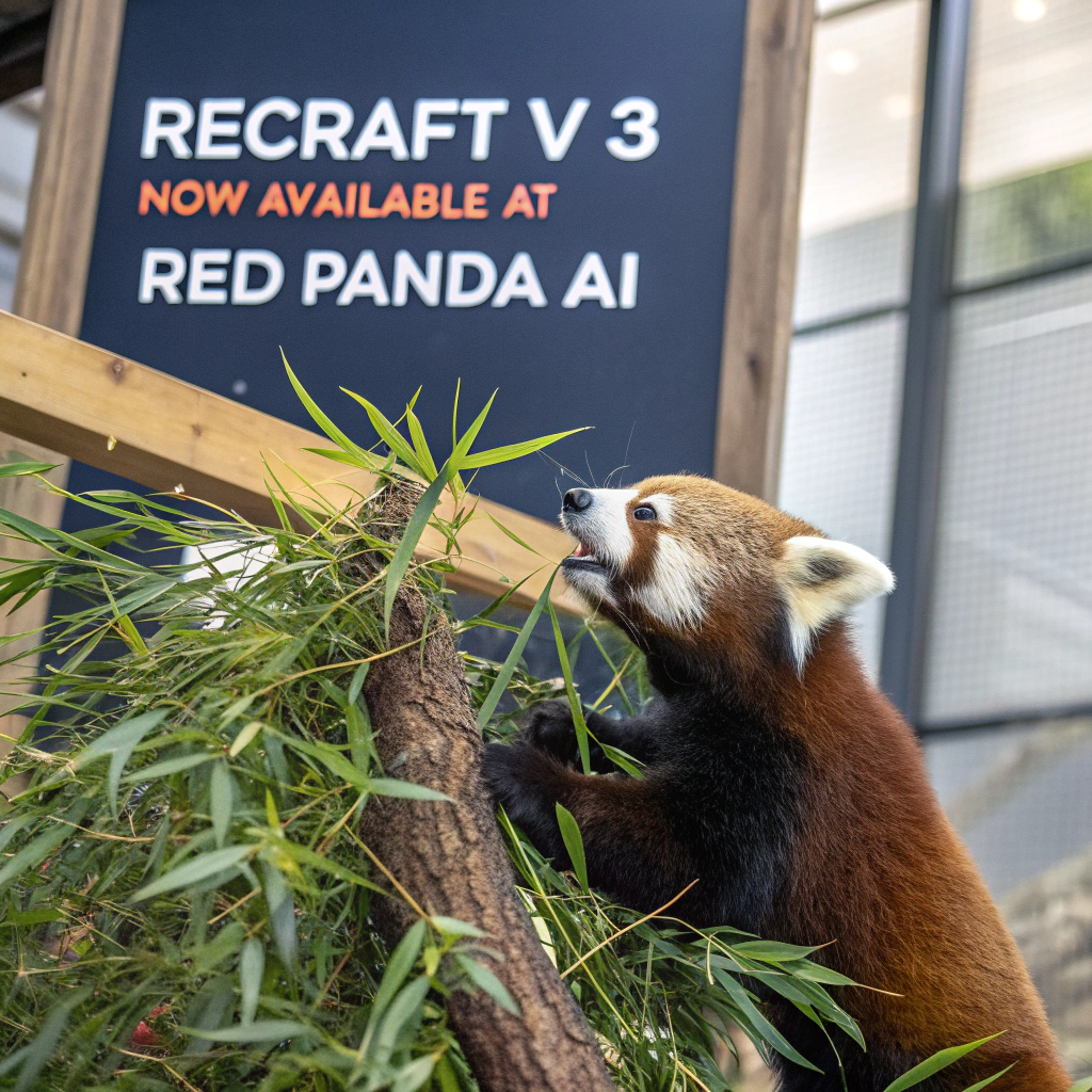 AI generated image by Red Panda AI: a red panda eating a bamboo in front of a poster that says "recraft V3 now available at red panda ai