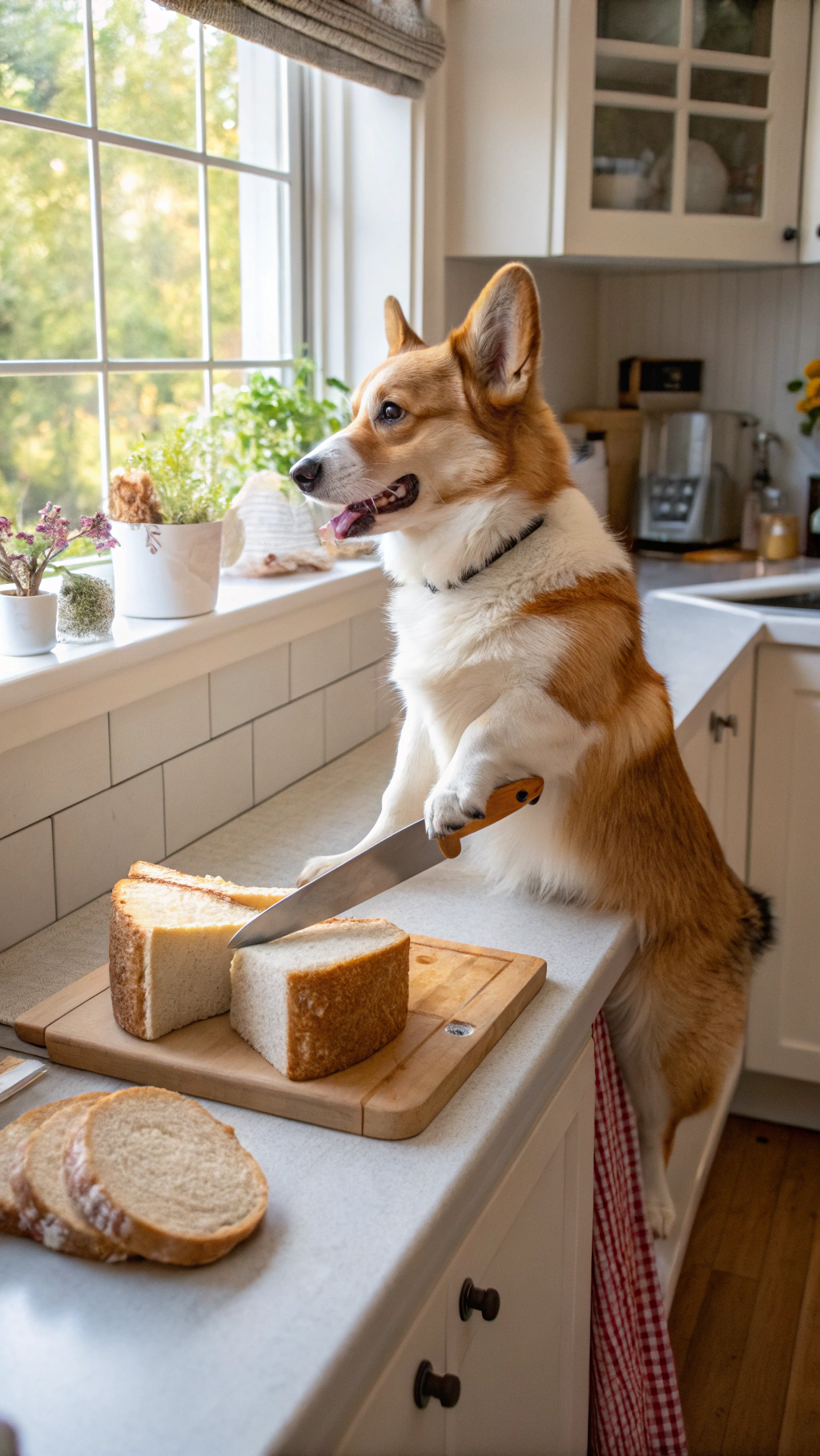 AI generated image by Red Panda AI: anthropomorphic corgi gripping a bread knife with one paw and slicing into a solid loaf of bread. Nearby are slices of bread. Corgi is standing in an american suburban kitchen during the day. 