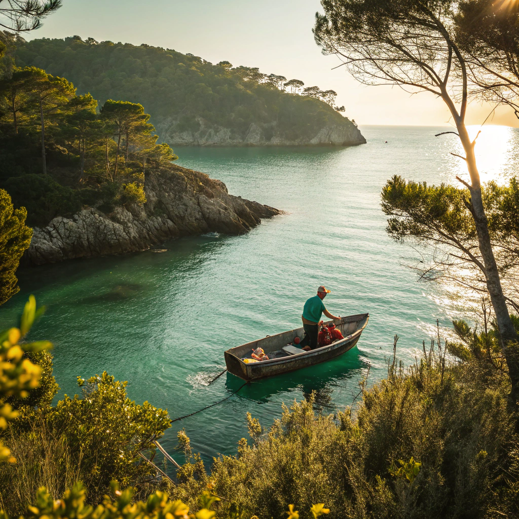 AI generated image by Red Panda AI: A fisherman in the boat close to the Mediterranean coast with lush vegetation, amid the afternoon sunlight, without sun, visible and with beautiful emeralds color of the seawater