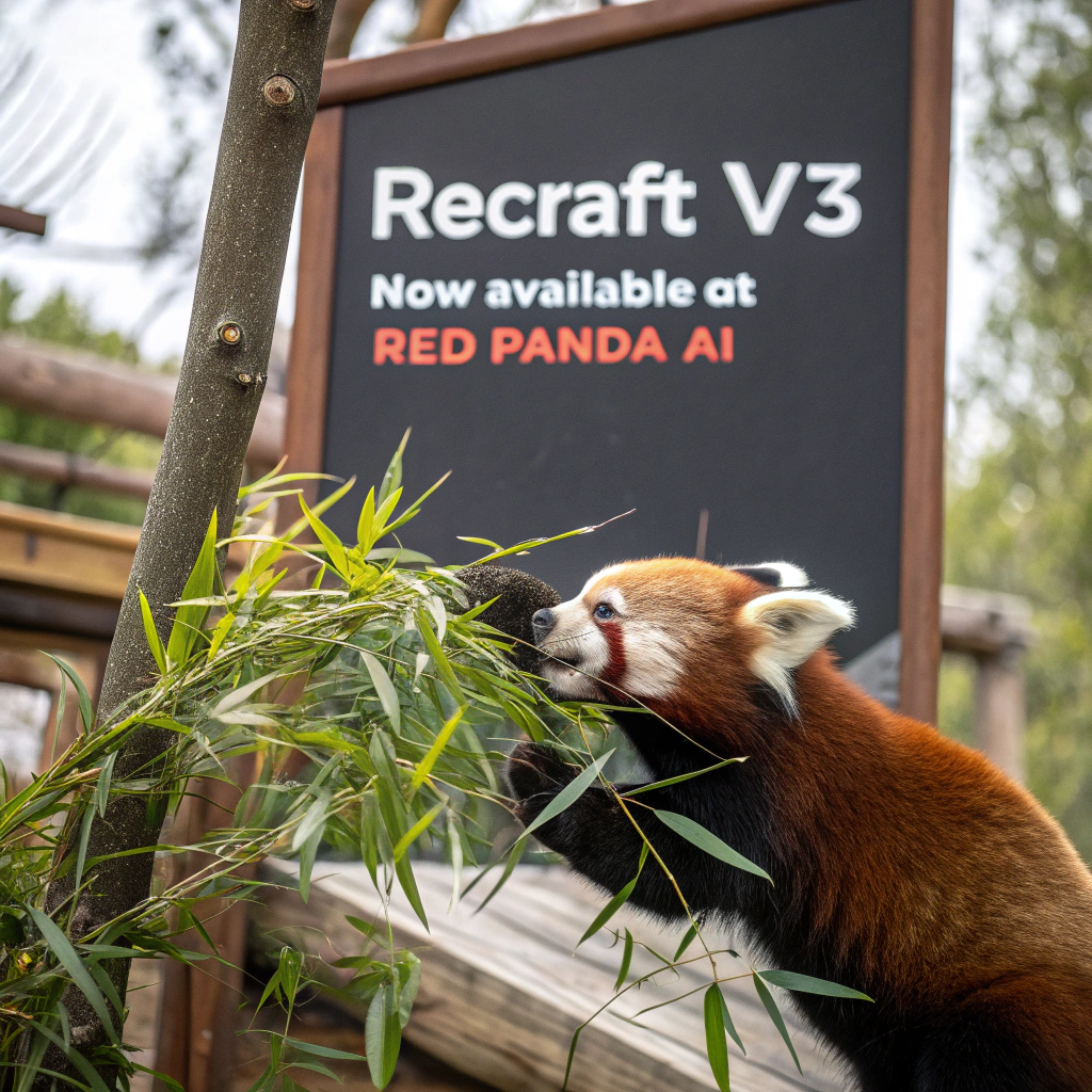 AI generated image by Red Panda AI: a red panda eating a bamboo in front of a poster that says "recraft V3 now available at red panda ai