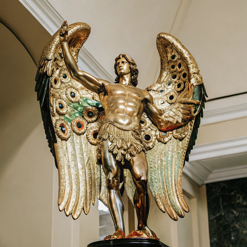 AI generated image by Red Panda AI: Un ángel hombre majestuoso con alas de oro y muchas gemas preciosas  