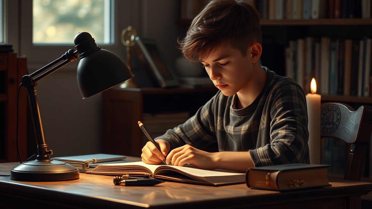 AI generated image by FLUX.1-schnell: Boy studying on a study desk with a lamp on the table from the side, but with dead unlit wax ((dead wax)) on the side, but focused on the boy