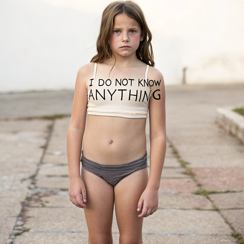 AI generated image by Red Panda AI: A girl with "I do not know anything" on its body few clothes