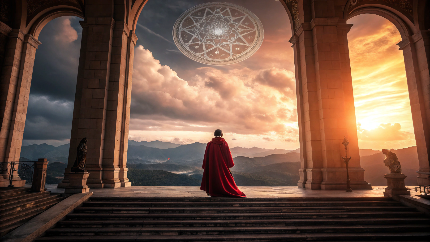 AI generated image by Red Panda AI: An epic scene with a dramatic, mystical atmosphere. A lone figure in a flowing red robe stands on grand steps in front of a pair of large, ornate archways. The archways open into a breathtaking view of distant mountains and a surreal, glowing sun at the horizon. The sky is filled with vibrant, shifting clouds, and a large, intricate celestial symbol floats in the sky above. Statues stand on either side of the archways, adding a sense of grandeur and mystery. The entire scene is illuminated with warm, golden light, with a slight surreal, otherworldly glow
