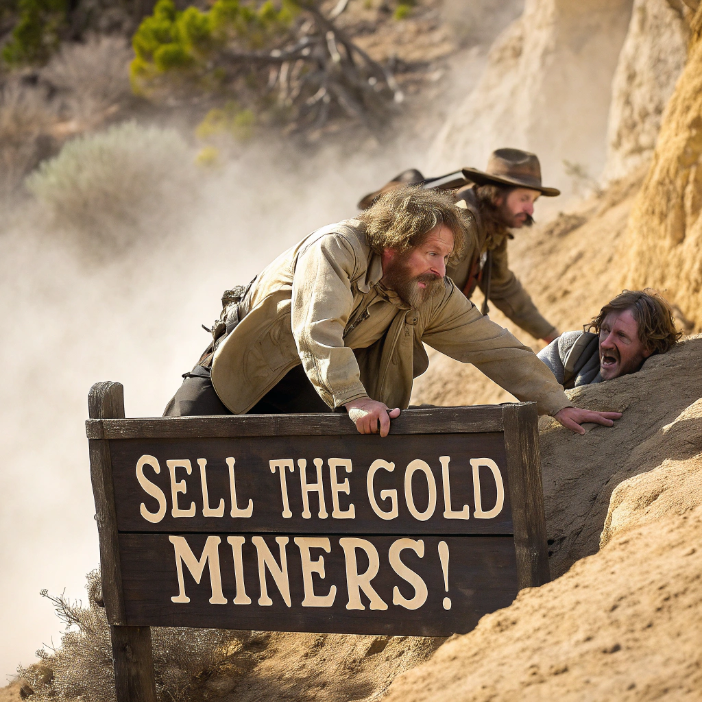 AI generated image by Red Panda AI: gold miners from the 1849 gold rush in America in trouble, gold miners scared, gold miners scared, gold miners falling off a cliff, sign says "Sell the Gold Miners!" in old west font
