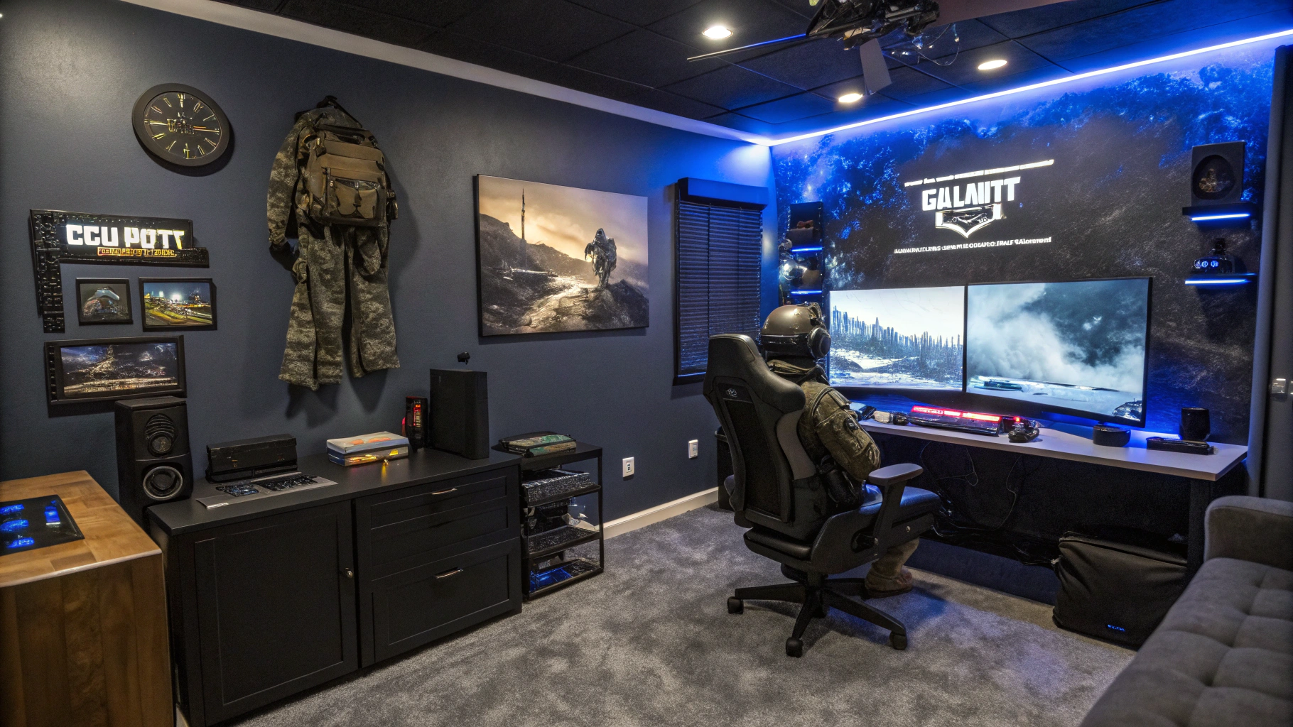 AI generated image by Red Panda AI: Cree moi une salle gaming, style militaire, theme call of duty black ops 6, couleur orage et gris 