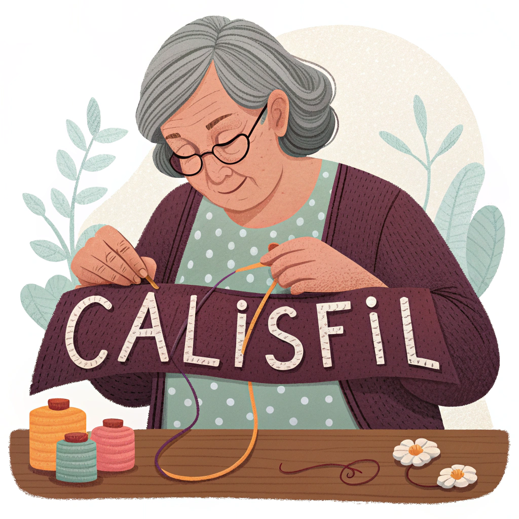 AI generated image by Red Panda AI: I want a flat illustration with a small color palette of a 55 year old lady from the front sewing "CalisFil". The image contains only the bust, the lady's face and the stitching.