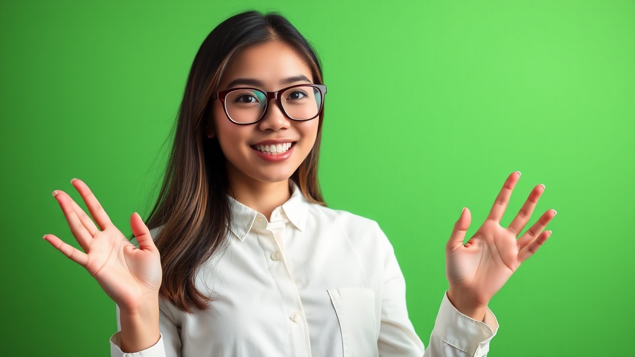 AI generated image by FLUX.1-schnell: A young, beautiful, tall teacher of mixed Japanese and American heritage, with large eyes and a long face, talking enthusiastically with both hands raised in front of her chest in an expressive gesture. She looks directly at the camera, standing against a green screen background in a medium shot. She wears big, thick-rimmed glasses, a white buttoned shirt, and has long hair. The scene is illuminated with professional studio lighting, giving her a clean, polished appearance.