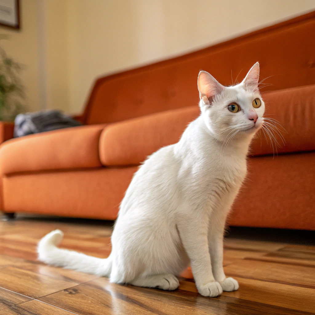 AI generated image by FLUX.1-schnell: The image shows a white cat sitting on a wooden floor in front of an orange couch. The cat is facing the camera and is looking directly at the camera with a curious expression. Its body is relaxed and its tail is curled around its body. Its ears are perked up and its eyes are wide open, giving it an alert and inquisitive look. The background is blurred, but it appears to be a living room with a beige wall and a brown couch.