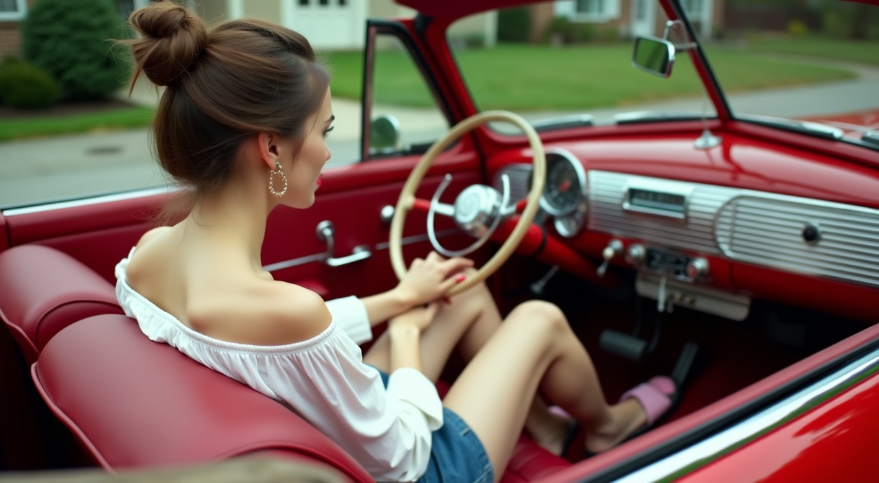 AI generated image by FLUX.1-pro: Camera positioned in back seat on right side about 6’ high in 1948  Chevrolet convertible with the top down parked in the driveway of a older home in a quiet neighborhood. Camera aimed at feet and pedals. Beautiful, very petite young Scandinavian woman 30 years sitting in driver’s seat behind steering wheel. Both hands on the steering wheel. Feet resting on floorboard.. Long brown hair gathered into a bun. Pale complexion. Lipstick light eye makeup. Hoop earrings. Off-shoulder 3/4 sleeve white peasant blouse. Tight-fitting denim miniskirt hemmed mid thigh. Cork ultra high wedge slides pink vamp. 