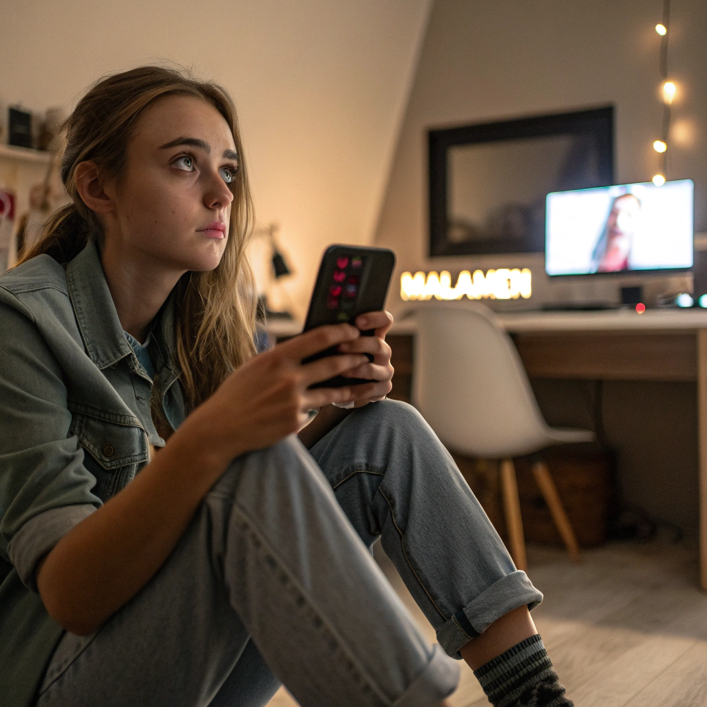 AI generated image by Red Panda AI: Una joven de expresión curiosa y reflexiva, lleva ropa casual contemporánea, está sentada en una habitación moderna con su teléfono en la mano, en la pantalla del móvil se observan publicaciones virales sobre el “Malamén”, el fondo muestra un escritorio con una computadora abierta y luces LED sutiles, plano cercano con foco en el teléfono y el rostro de la joven, estilo hyper-realistic, photo realismo, cinematography –ar 16:9