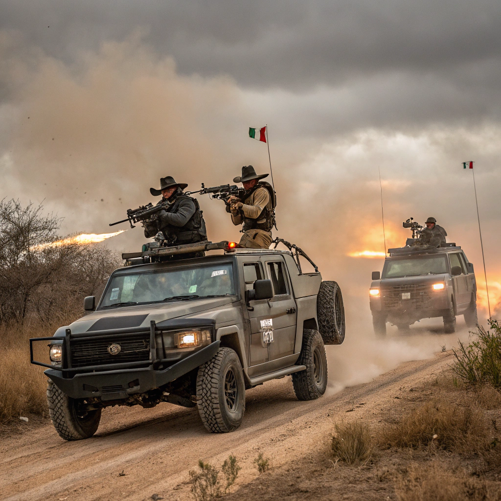 AI generated image by Red Panda AI: Cinco sicarios mexicanos vestidos con uniformes tácticos, máscaras y sombreros texanos, disparan desde dos camionetas blindadas. Las camionetas son resistentes, están cubiertas de polvo y están equipadas con armas montadas. La escena se desarrolla en una zona rural desértica con vegetación seca y caminos de tierra. La acción intensa y una atmósfera dramática dominan el momento, con balas volando y humo elevándose alrededor de los vehículos. El cielo está nublado.