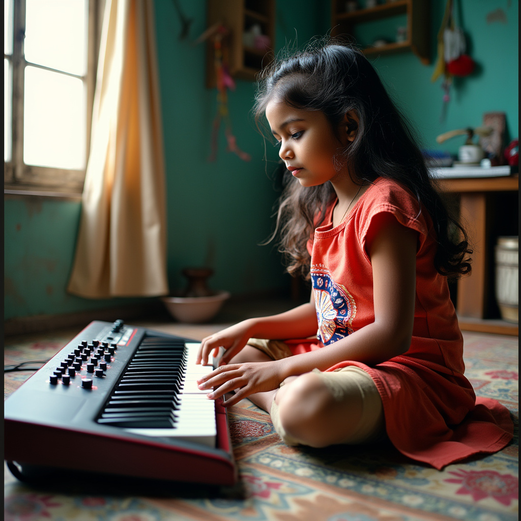 AI generated image by FLUX.1-pro: The scene is in a poor small town home in India with an eager young girl with Indian features learning to play music on a 5 octave Keyboard laid on the floor in the room while the girl sits on the floor.