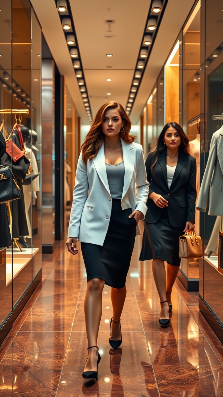 AI generated image by FLUX.1-schnell: "Una cautivadora mujer rubia con cabello ondulado y ojos grises camina con confianza por una boutique de moda exclusiva, acompañada de tres amigas elegantes. Lleva un blazer blanco chic sobre un body de encaje, combinado con una falda negra ajustada y tacones altos. El grupo admira bolsos y vestidos de diseñador, con expresiones de emoción y sofisticación. La iluminación dorada de la boutique realza la sensación de lujo, reflejándose en los pisos de mármol y las vitrinas de cristal; ultra detallado, iluminación cinematográfica, hiperrealista, 8K."