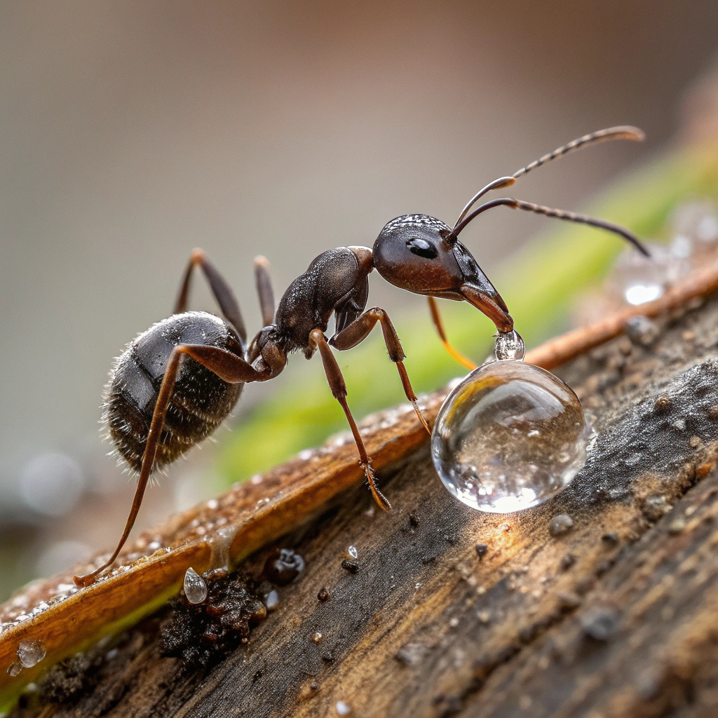 AI generated image by Red Panda AI: a macro image of an ant near a drop of water