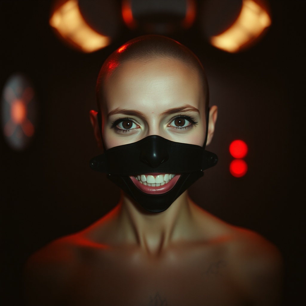 AI generated image by FLUX.1-schnell: black dark red backlit grainy motion blur, hard blur, damaged 1998 photo, awkward colonoscopy open heart surgery Botox  injection Snow White full front from chest back, shaved head,  teeth showing, lips pulled back, her, she, steampunk, dark room, cenobite mask 