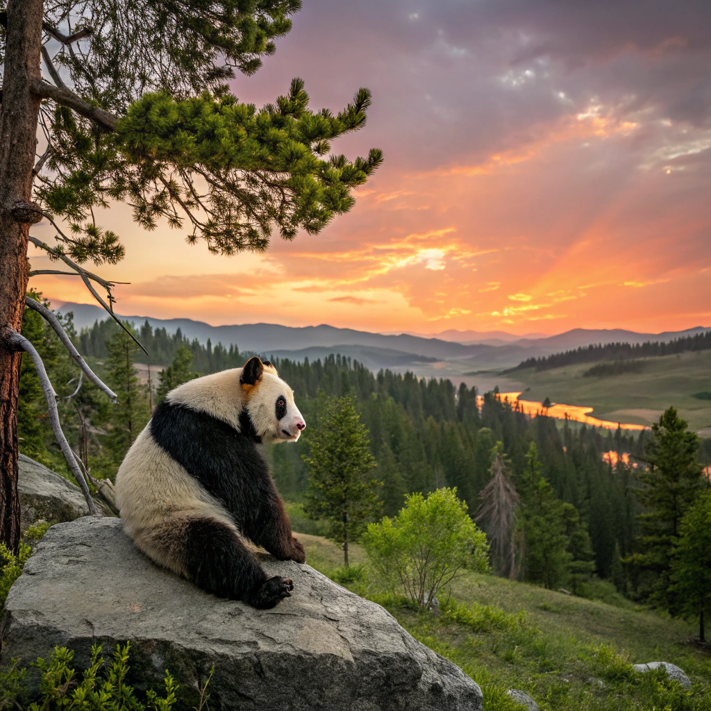 AI generated image by Red Panda AI: 一只大熊猫在黄石公园观看日落