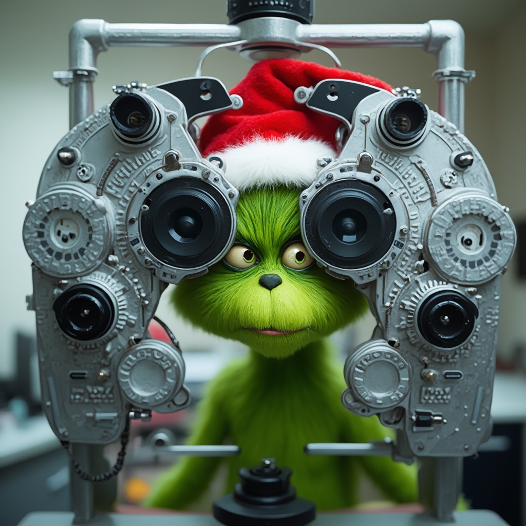 AI generated image by FLUX-Realism-Lora: "A festive Grinch character standing behind a perfectly detailed and realistic optometrist's phoropter machine. The phoropter is symmetrical, with sharp, accurate dials, lenses, and text, as seen on professional medical equipment. The Grinch's green face is clearly visible behind the lenses, his mischievous eyes perfectly aligned with the central lenses. He wears a red Santa hat, adding a playful holiday theme. The background is a clean, slightly blurred optometrist's office, keeping the focus on the Grinch and the phoropter. Ensure precision in details and proportions, creating a professional and festive scene."