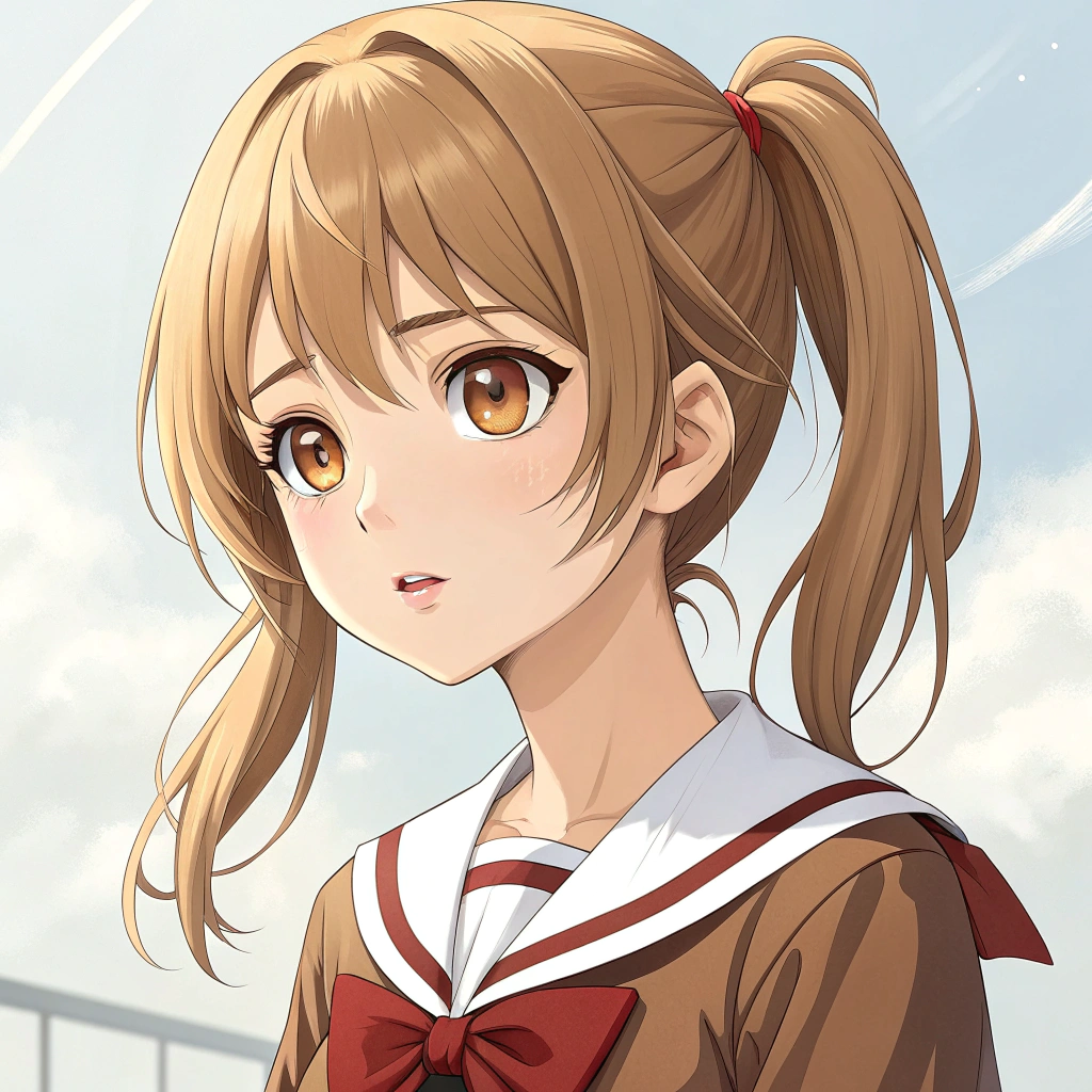 AI generated image by Red Panda AI: Anime girl with brown eyes two brown ponytails a brown and white uniform
With a red bow on her collar 13 years old brown eyes blonde skin