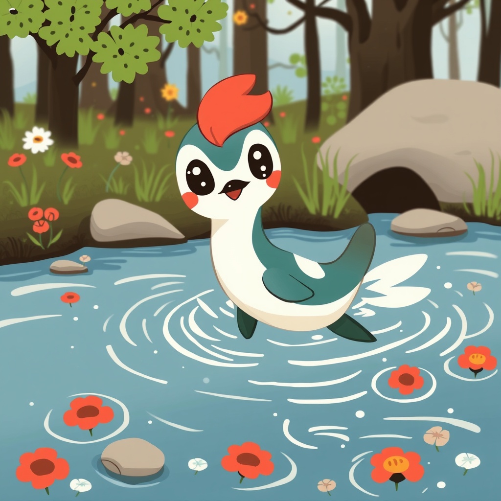 AI generated image by FLUX.1-schnell: Generate a delightful scene featuring a whimsical Smew with large, expressive eyes as the focal point, joyfully swimming through a decorated river, in a colorful woodblock print style. 