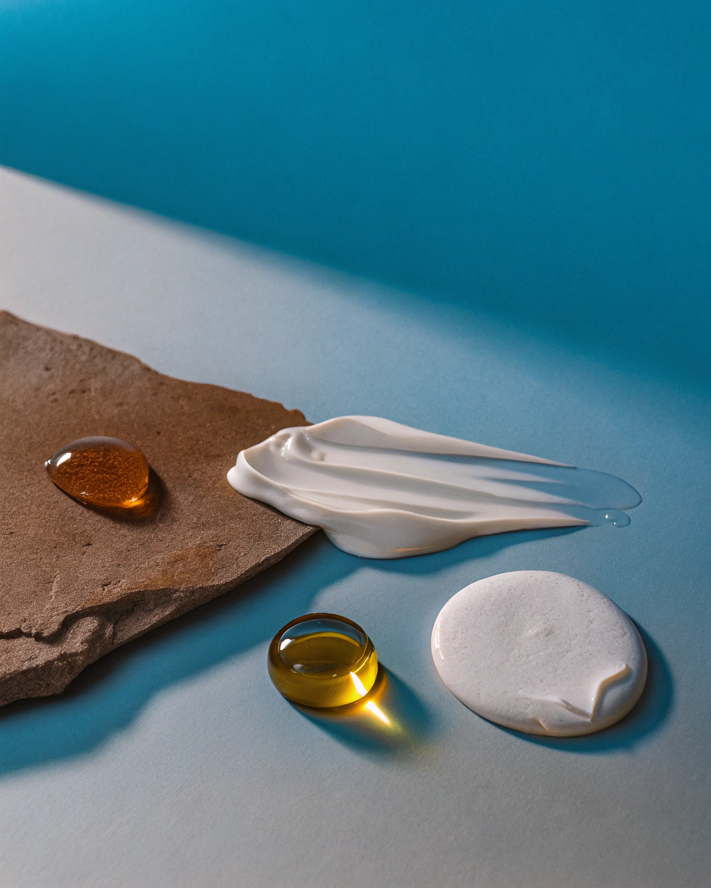 AI generated image by Red Panda AI: A minimalistic and artistic flat lay featuring natural skincare ingredients. Include a dollop of whipped tallow, a clear oil droplet, a smear of golden honey, a small puddle of amber-colored oil, and a drop of light yellow to pale amber-colored oil. Arrange these elements elegantly on a soft beige background. Use soft lighting to highlight textures and transparency, creating a clean, luxurious, and natural aesthetic.