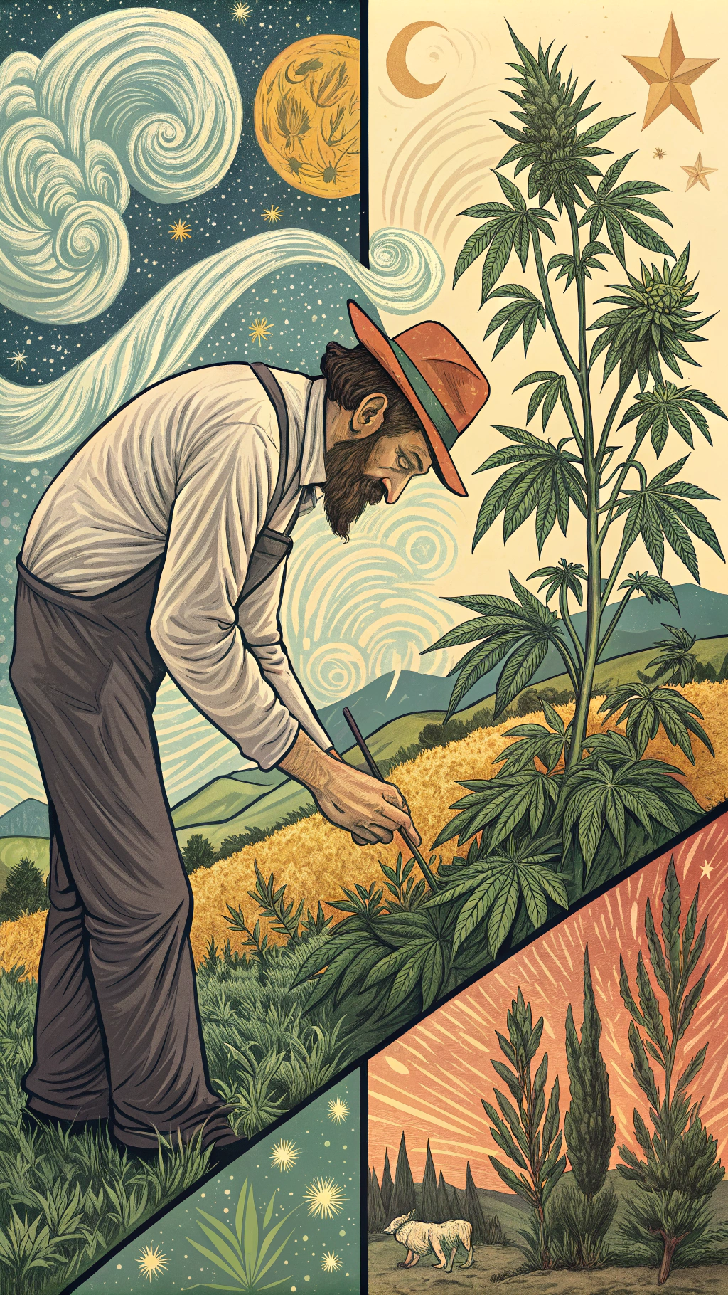 AI generated image by Red Panda AI: Craft a captivating illustration featuring a cannabis cultivator tending to their plants, exploring the unique aesthetic of four of the most famous artists. Envision how Picasso, Van Gogh, da Vinci, and Hokusai would approach this scene, each leaving their distinctive mark on the depiction of the grower and the plants. Ensure to capture the artistic essence of each master, incorporating recognizable elements from their styles into a harmonious and engaging composition. witch leaf more realistics and more plants, photo, poster