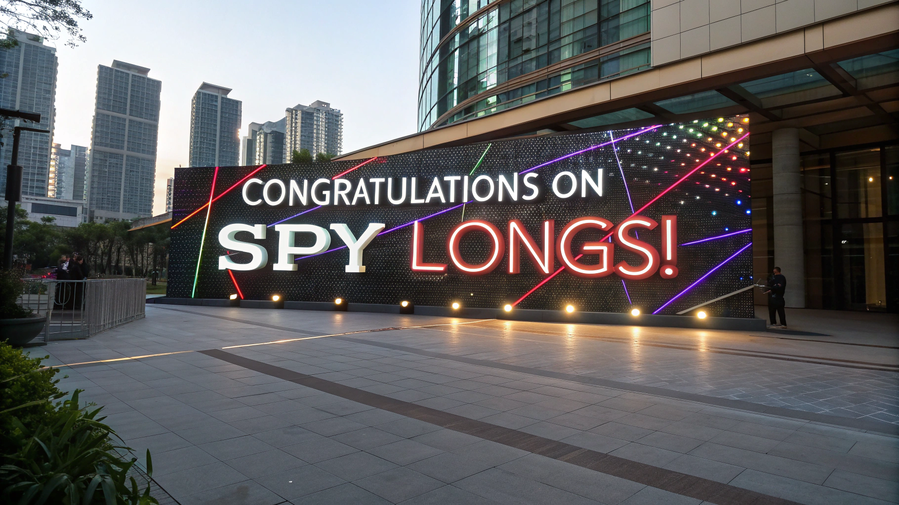 AI generated image by Red Panda AI: Futuristic lighted sign says, "Congratulations on SPY Longs!"