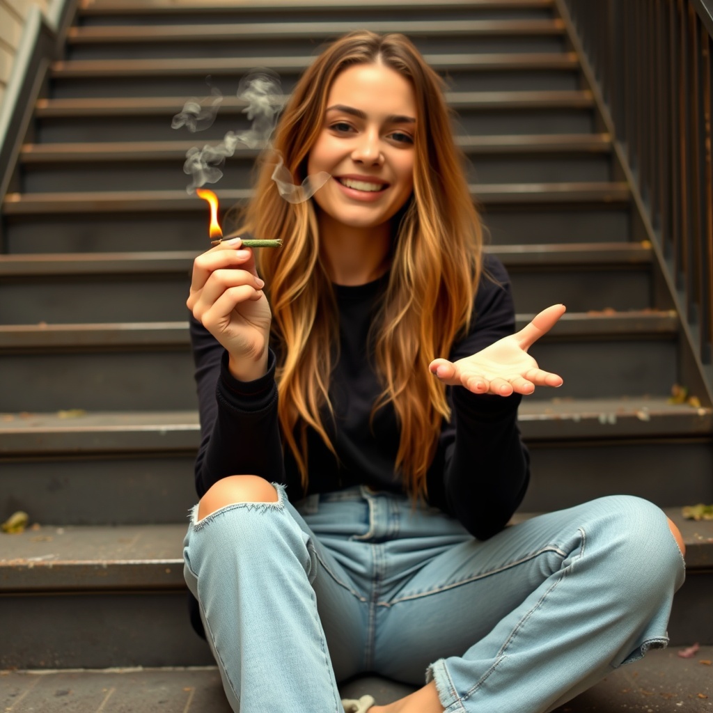 AI generated image by FLUX.1-schnell: A young woman is sitting on a stair case and is smiling as she smokes a joint and holds her left hand out. From her palm a small flame is coming out.