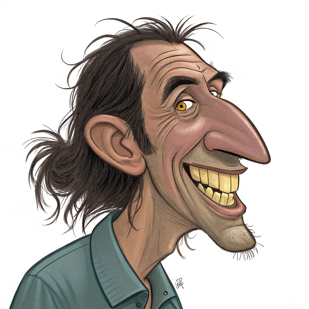 AI generated image by Red Panda AI: caricature drawing of a tall person with a big nose and yellow teeth, small ears and also long, uncombed hair, with a very dark skin tone and small, squinting eyes