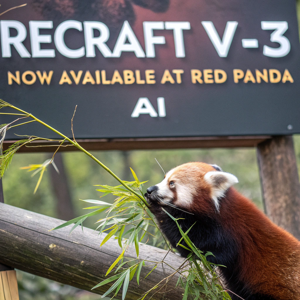 AI generated image by Red Panda AI: a red panda eating a bamboo in front of a poster that says "recraft V3 now available at red panda ai