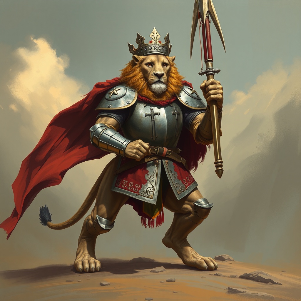 AI generated image by FLUX.1-schnell: A lion as king and soldier standing on his two feet like a human  and wearing a armour ready to fight