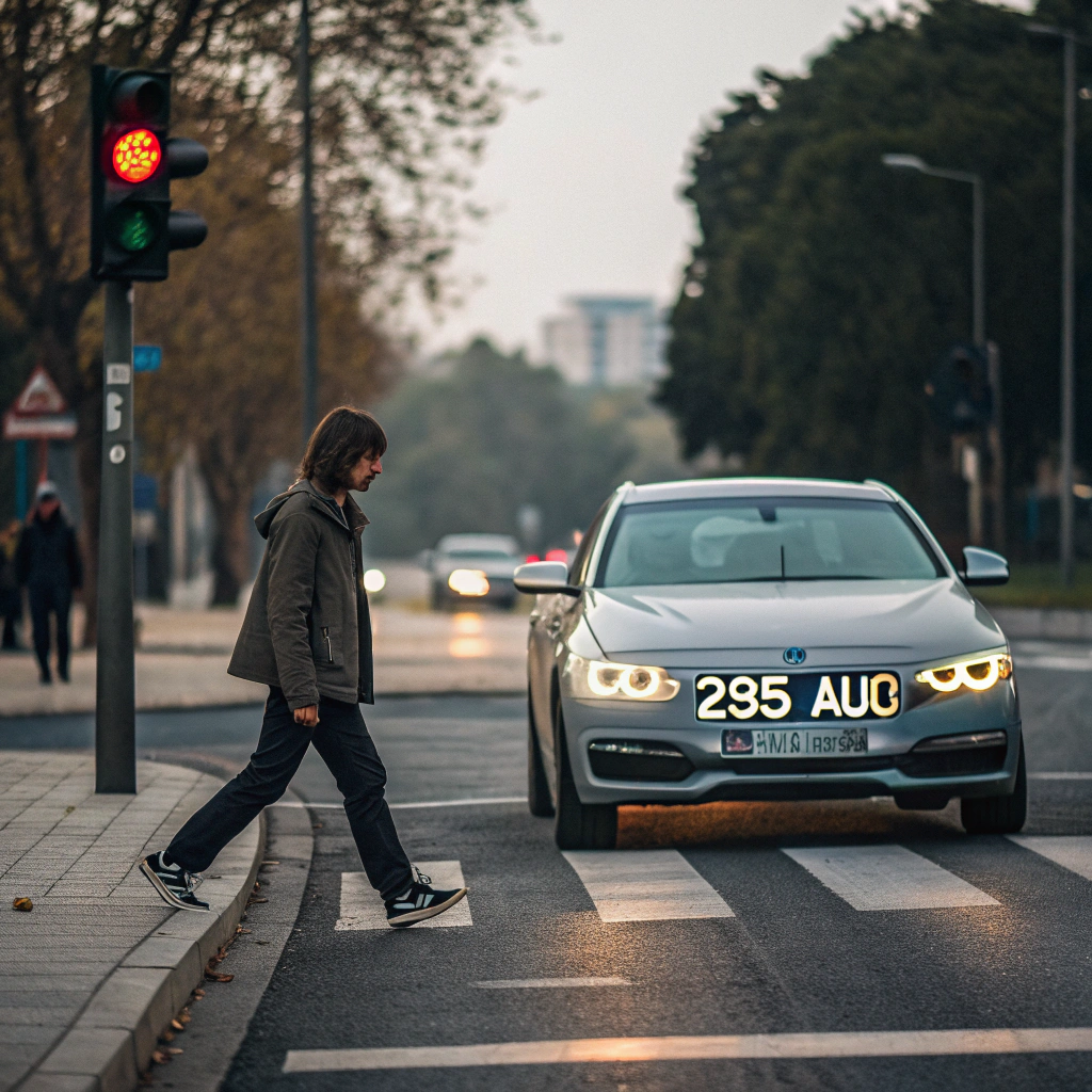 AI generated image by Red Panda AI: On the sidewalk, a person is crossing the road, his face is clearly visible, and a BMW car is waiting at the traffic light, the license plate "235 AU8" is clearly visible.
