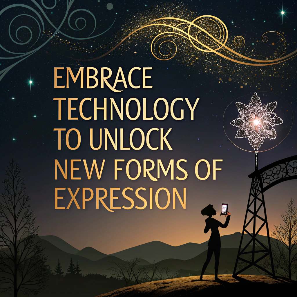 AI generated image by Red Panda AI: ""Embrace technology to unlock new forms of expression."" quote based art in a beautiful creative typography. hyperrealistic photo, advertisement, magazine ad quality, cinematic, enlightened night. black, gold, magic, sparkles. combine the rules of good graphic design with a very creative flair