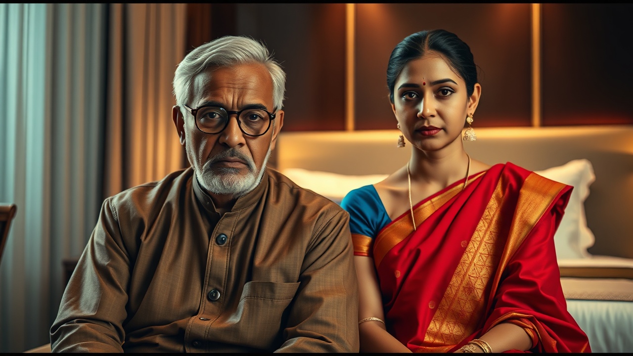 AI generated image by FLUX.1-schnell: 62-year-old elderly Indian man with gray hair and glasses, dressed in a formal kurta, sitting beside a young Indian woman in a bright red sari with gold borders, both inside a stylish hotel room with a luxurious bed and ambient lighting, cinematic 4K style, expressions hinting at tension and intrigue, dramatic composition suitable for a YouTube thumbnail.
