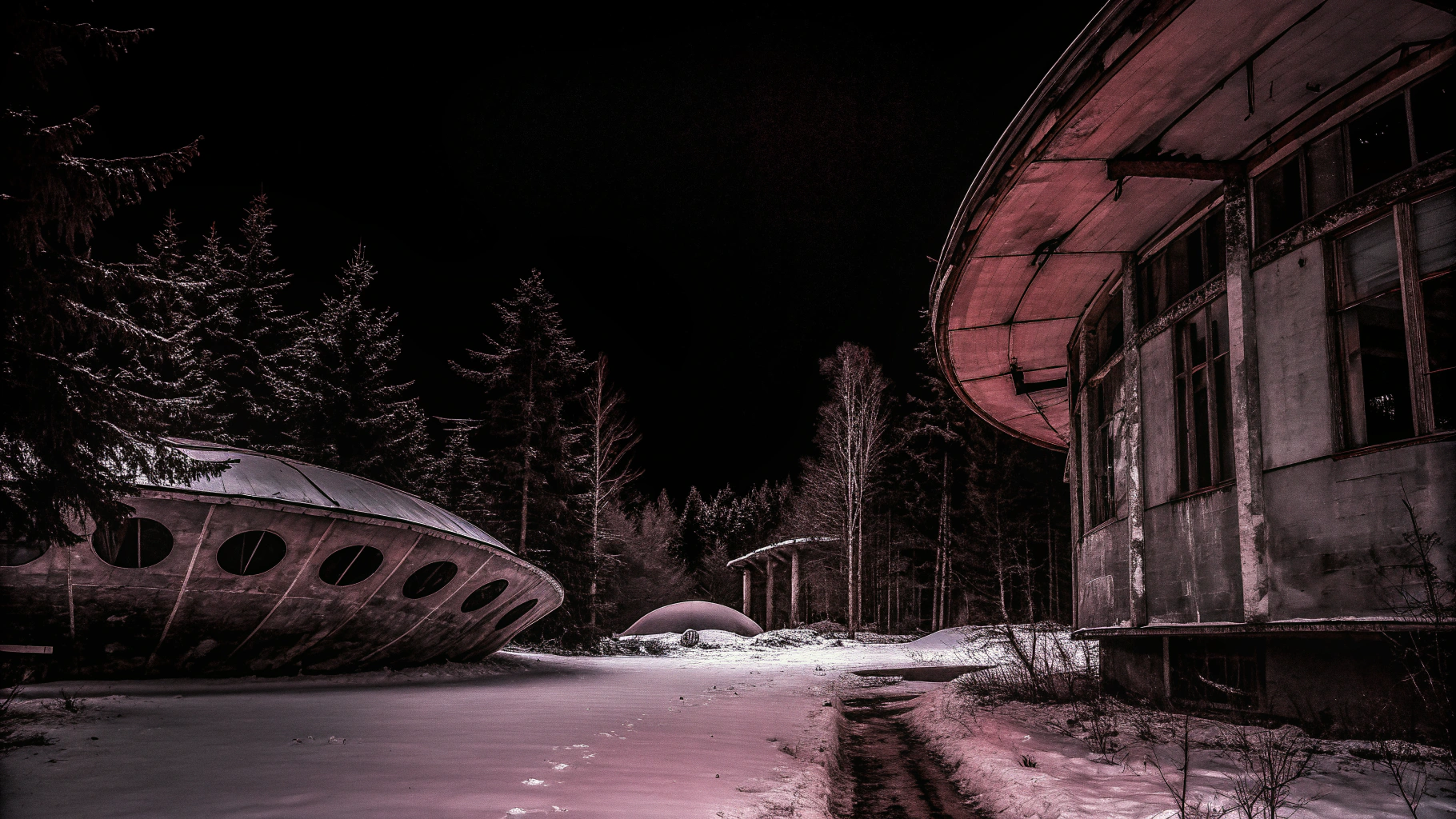 AI generated image by Red Panda AI: A dystopian landscape in Finnish Lapland in winter, with weird alien architecture and ruins of old spaceships