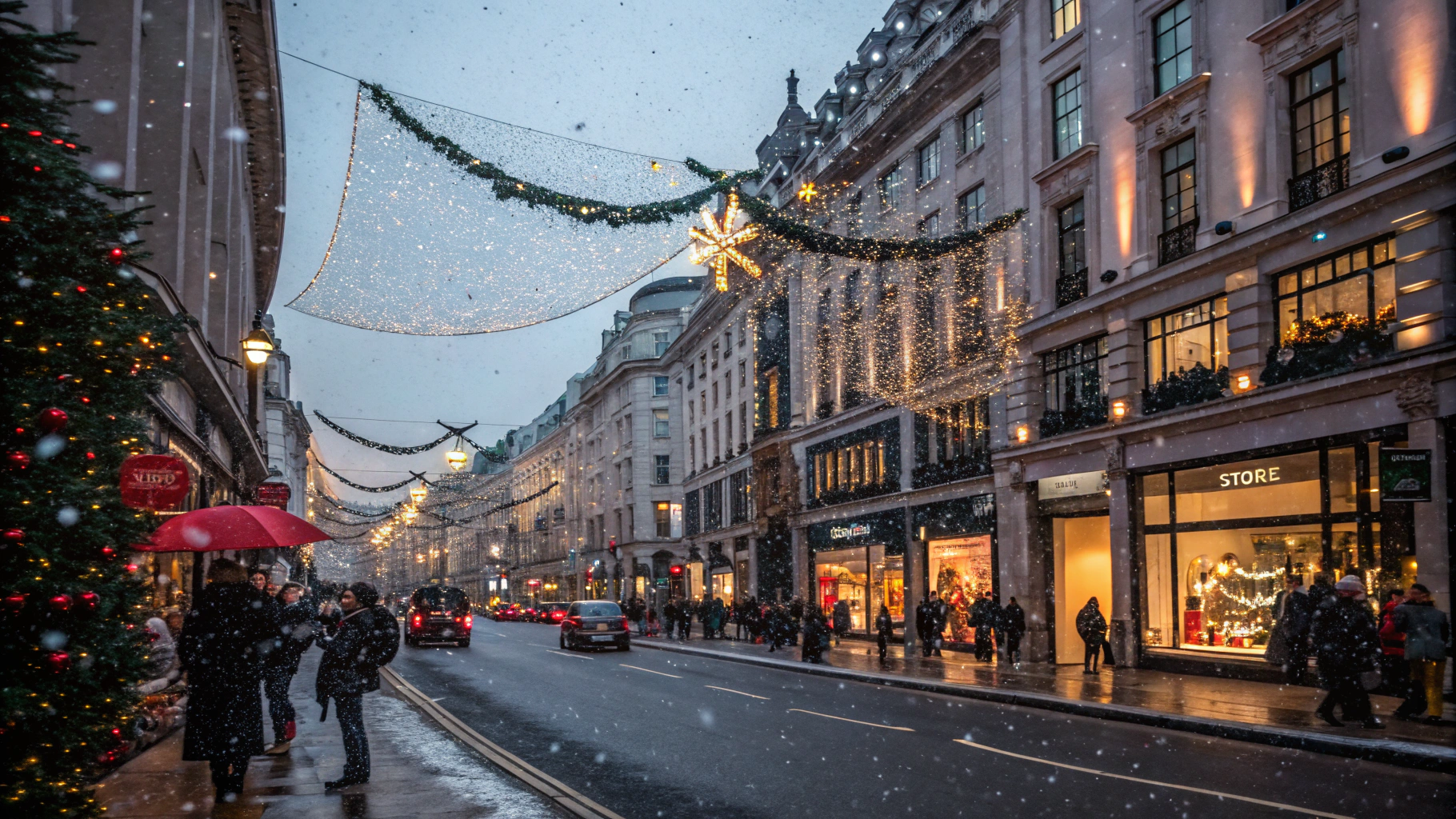 AI generated image by FLUX.1-schnell: a side facing view of a busy street at Christmas in London, with festive decorations and twinkling lights. The scene captures the bustling holiday atmosphere, with the snow gently falling. The view is from a low, near feet level shot, looking across the road towards the shops.