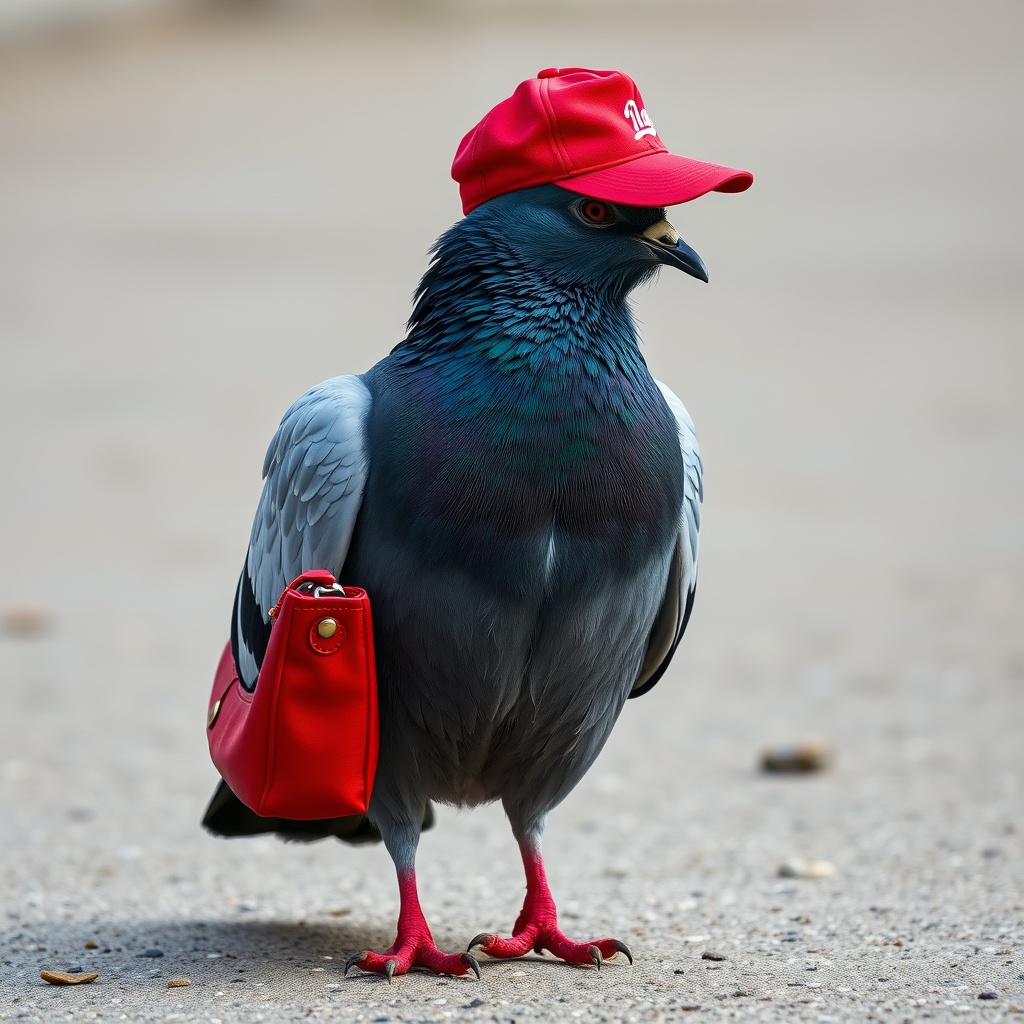 AI generated image by FLUX.1-schnell: A postal pigeon standing on the ground with a red baseball hat on his head and caarying a red shoulder bag over his left wing