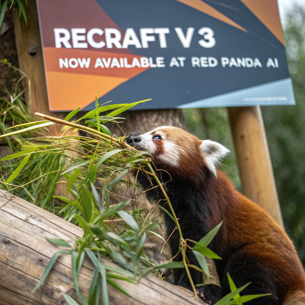 AI generated image by Red Panda AI: a red panda eating a bamboo in front of a poster that says "recraft V3 now available at red panda ai
