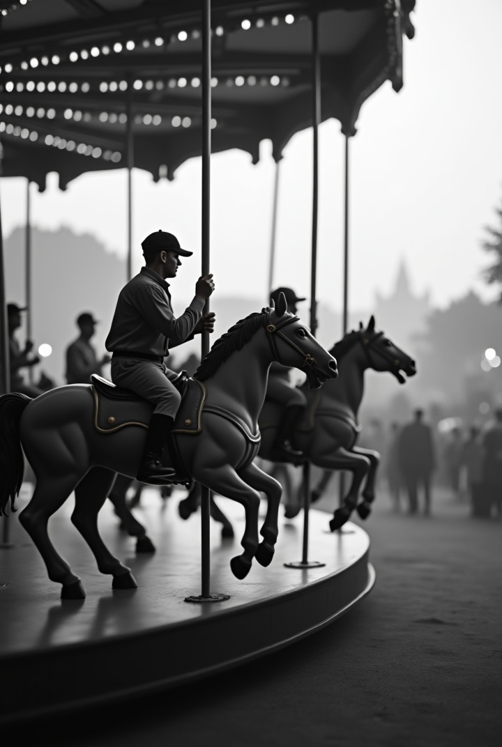 AI generated image by FLUX.1: A closeup black and white photo of jockeys riding carousel. The race contest is very intense and dramatic. Depth of field. Motion blur. Backlight 