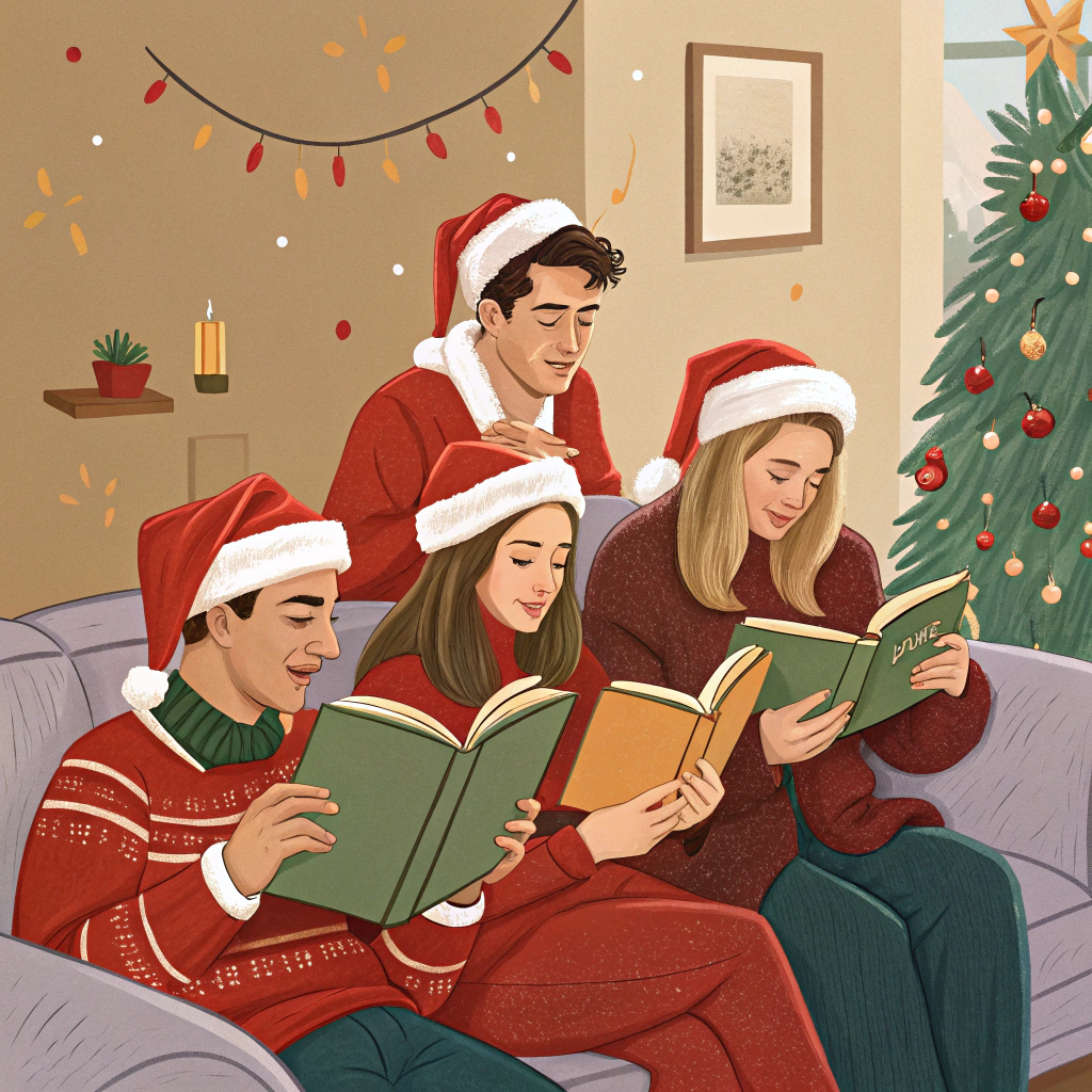AI generated image by Red Panda AI: bonjour Copilot, pourrais-tu me créer une image des acteurs de la série friends avec des tenues de Noël en train de lire des livres, s'il te plaît?