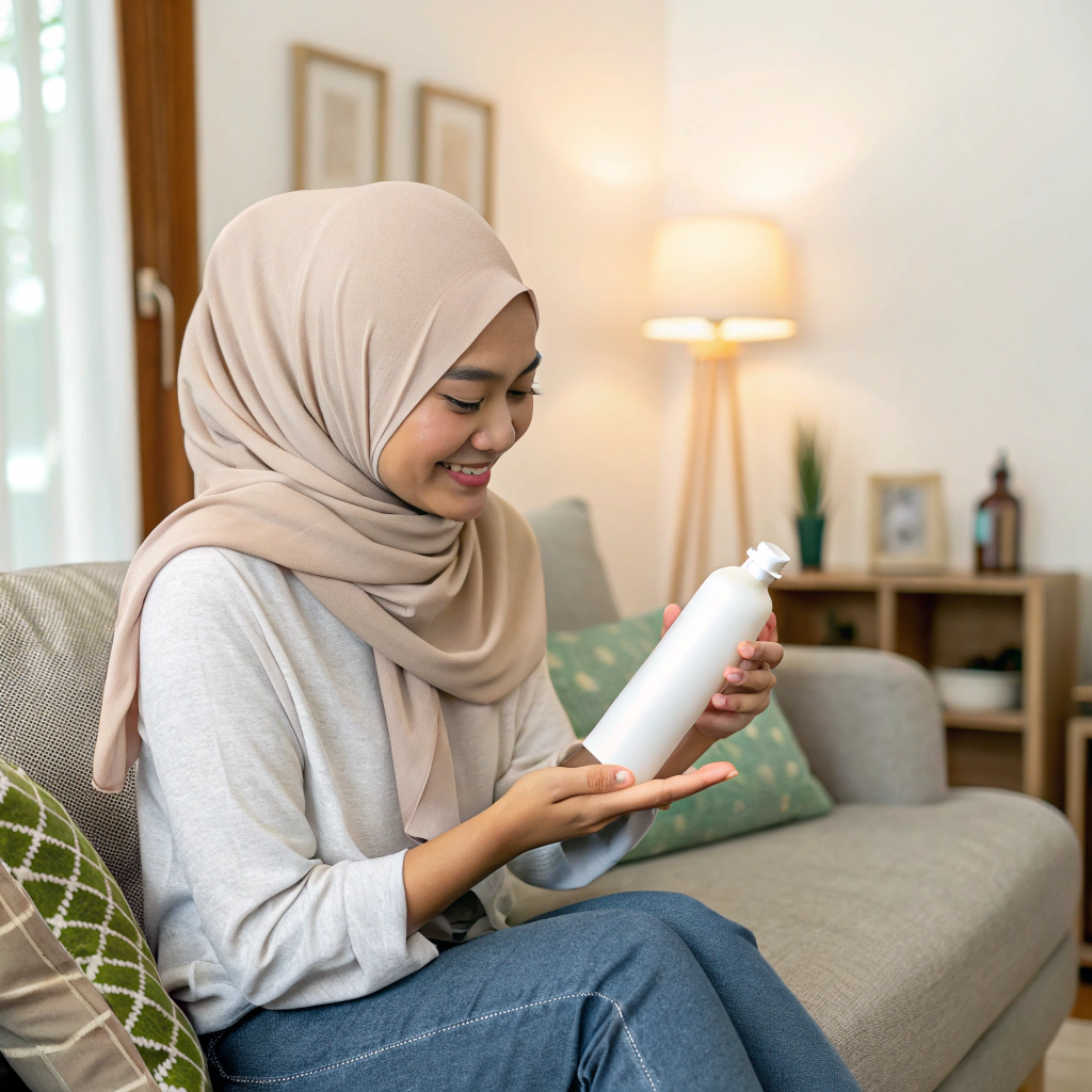 AI generated image by FLUX.1-schnell: a malaysian woman wear hijab, sit on sofa living room, holding a white plain cylincer bottle shampoo, looking at it with a smile and satisfaction.